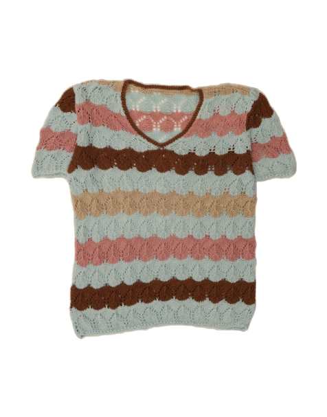 Vintage Short Sleeve V-neck Jumper Sweater UK 18 XL In Blue Striped - view 1