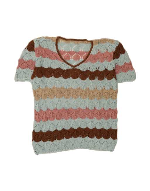 Vintage Short Sleeve V-neck Jumper Sweater UK 18 XL In Blue Striped