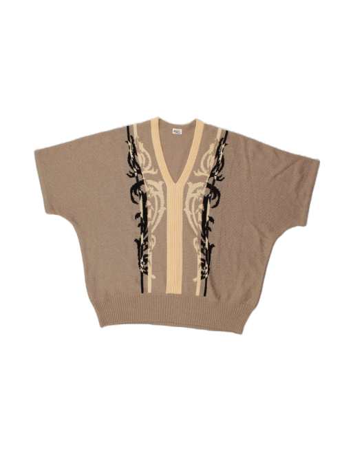 Vintage Short Sleeve V-neck Jumper Sweater UK 20 2XL In Beige Paisley