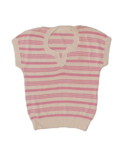 Vintage Short Sleeve V-neck Jumper Sweater UK 8 Small In Pink Striped - view 1