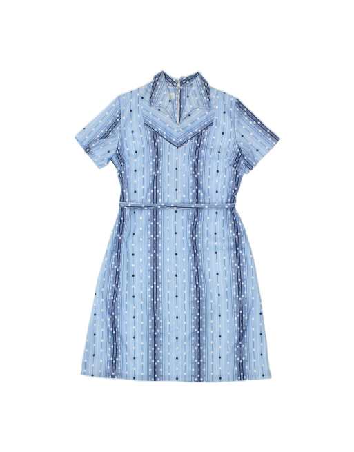 Vintage Short Sleeves Sheath Dress UK 14 Medium In Blue Polka Dot