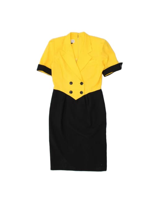Vintage Short Sleeves Sheath Dress US 10 Large In Yellow Colourblock