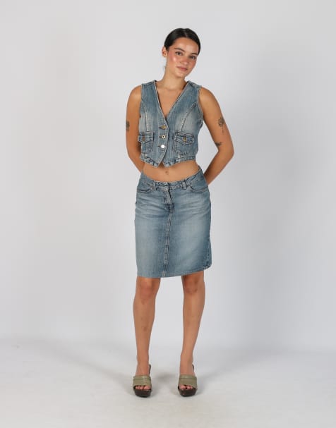 Vintage Sisley S denim midi skirt in light blue - view 1