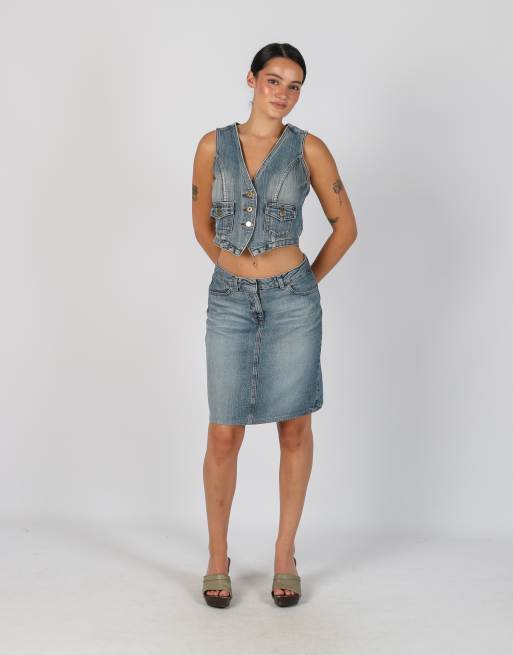 Vintage Sisley S denim midi skirt in light blue
