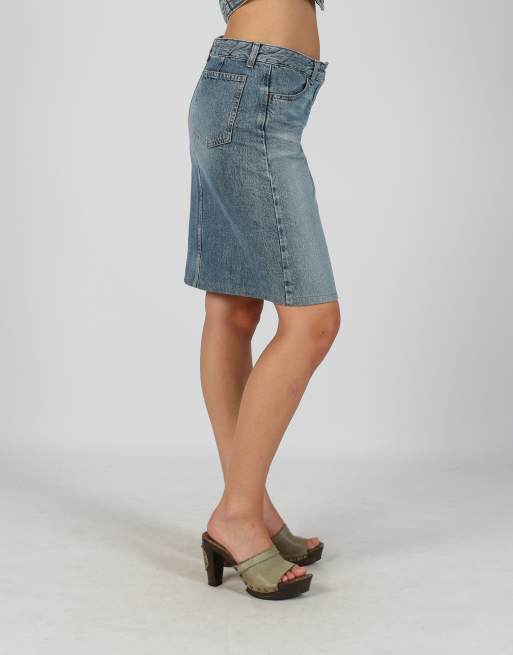 Vintage Sisley S denim midi skirt in light blue, 2 of 4