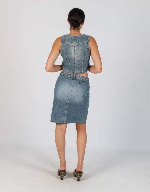 Vintage Sisley S denim midi skirt in light blue, 3 of 4