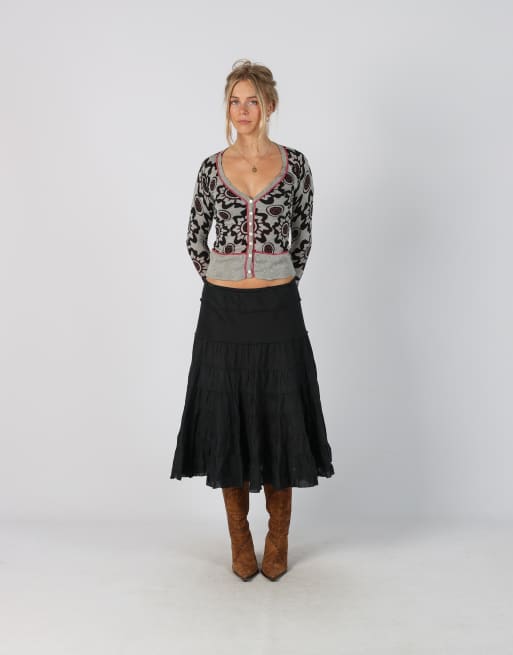 Vintage Sisley XS woven midi skirt in black, 1 of 4