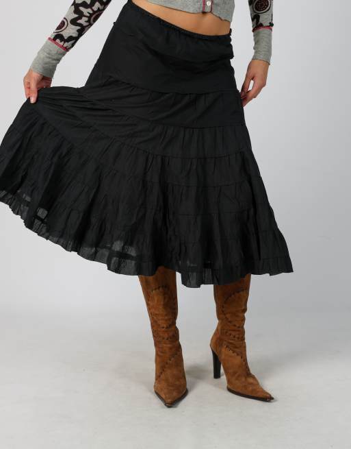 Vintage Sisley XS woven midi skirt in black, 2 of 4