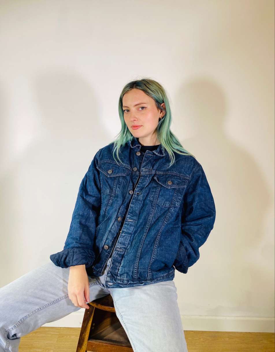 Vintage Size 2XL Industrial Oversized Shearling Lined Denim Jacket in Blue