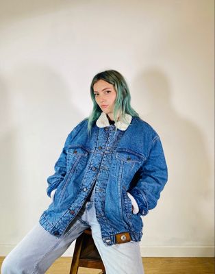 Vintage Size 2XL Industrial Oversized Shearling Lined Denim Jacket in Blue