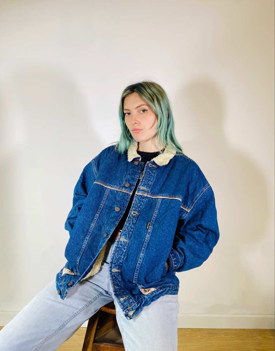 Vintage Size 2XL Industrial Shearling Oversized Denim Jacket in Blue