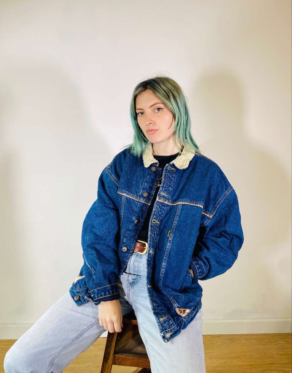 Vintage Size 2XL Industrial Shearling Oversized Denim Jacket in Blue 1