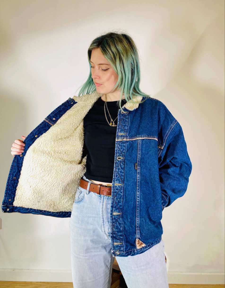 Vintage Size 2XL Industrial Shearling Oversized Denim Jacket in Blue 2
