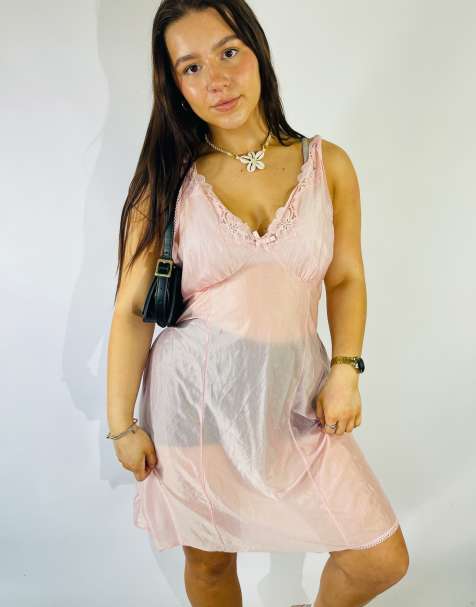 Vintage Size L 1970s Sheer Mini Slip Dress in Pink - view 1