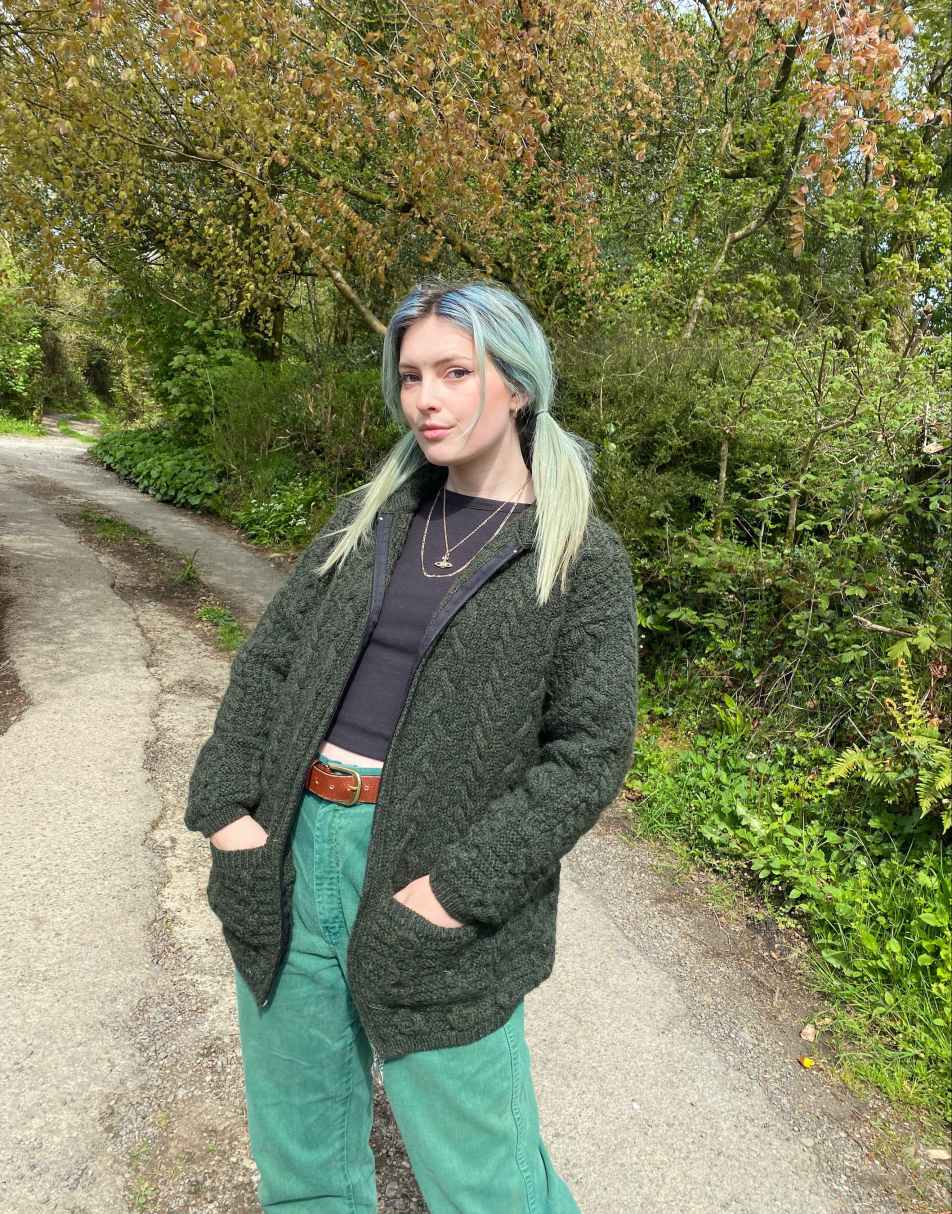 Vintage Size L 90s hand knitted green wool hooded jacket