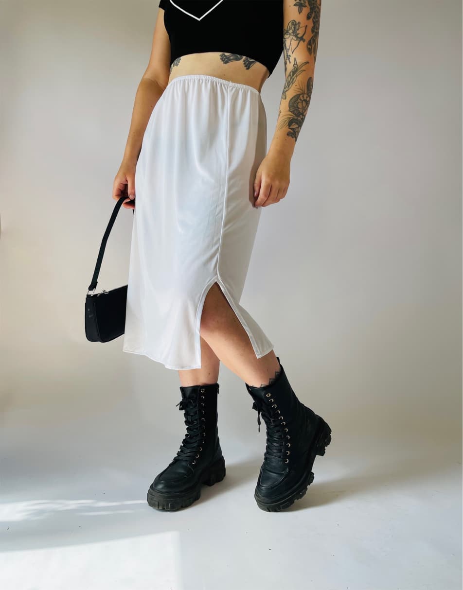 Vintage Size L 90s satin lace sheer midi slip skirt in white