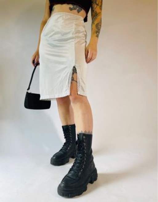 Vintage Size L 90s satin lace sheer midi slip skirt in white 