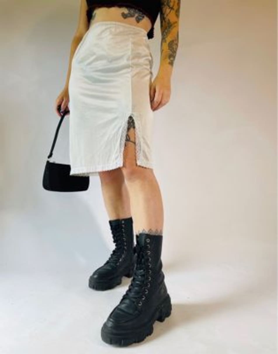 Vintage Size L 90s satin lace sheer midi slip skirt in white