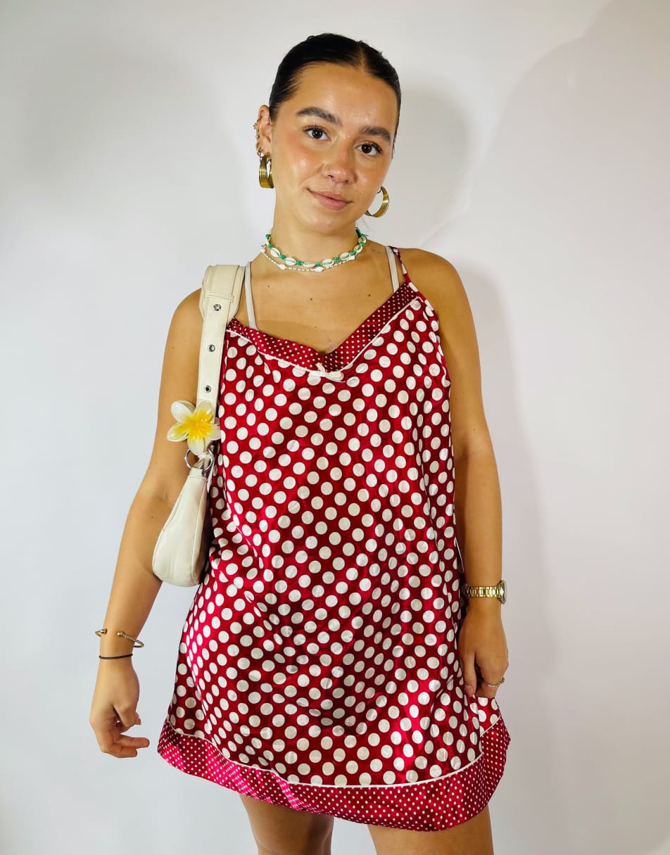 Vintage Size L 90s Satin Polka Dot Slip Dress in Red
