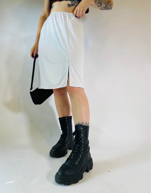 Vintage Size L 90s satin sheer midi slip skirt in white 