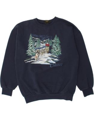 Vintage Size L Animal Print Graphic Sweatshirt Jumper in Navy Blue