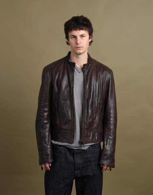 Vintage size L Armani Jeans leather bomber jacket in brown, 2 of 7