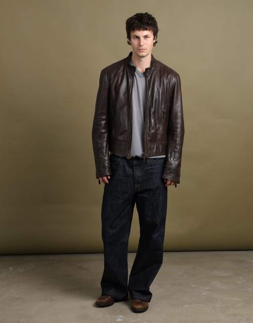 Vintage size L Armani Jeans leather bomber jacket in brown, 3 of 7
