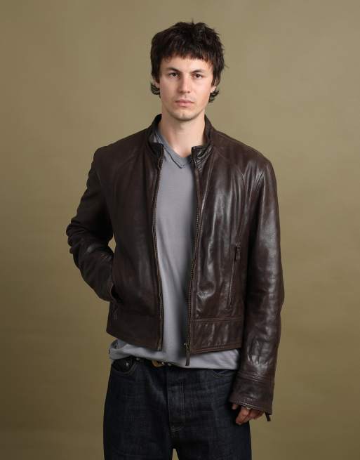 Vintage size L Armani Jeans leather bomber jacket in brown, 4 of 7