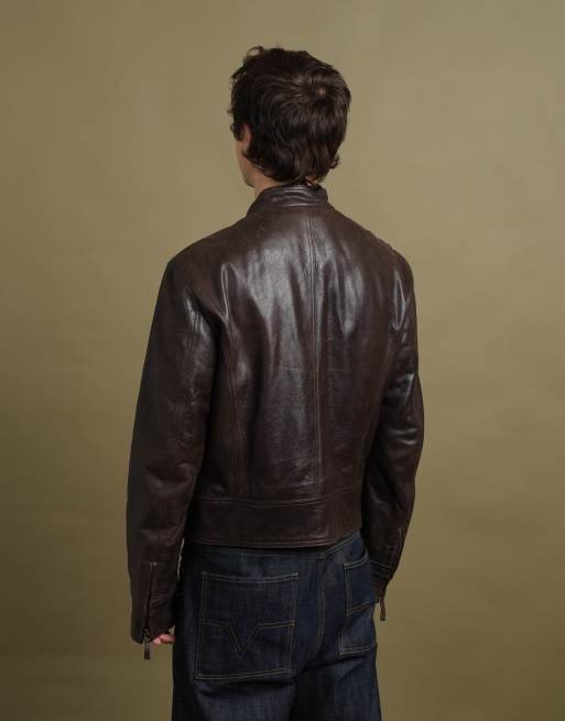 Vintage size L Armani Jeans leather bomber jacket in brown, 7 of 7