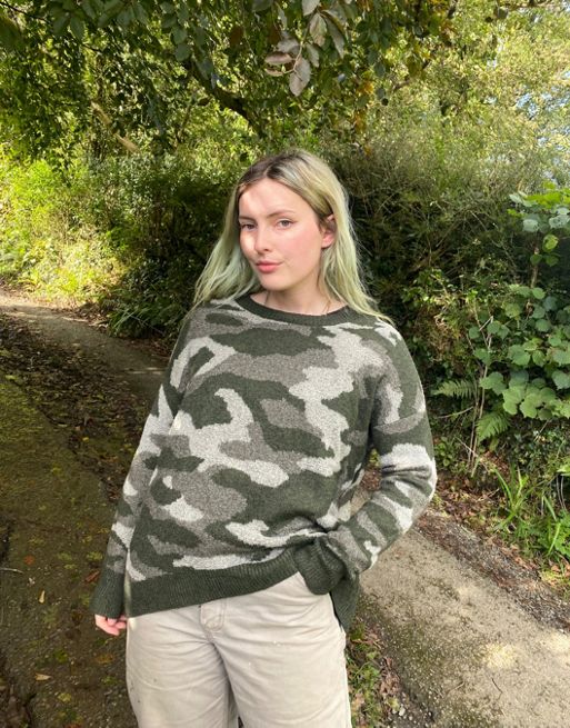 Vintage Size L Camo Knitted Patterned Jumper In Green