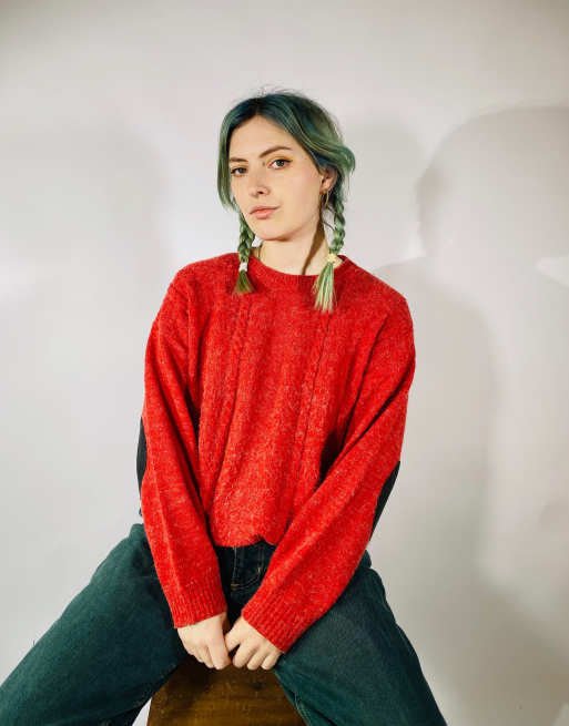 Vintage size l chunky knitted distressed jumper in red 