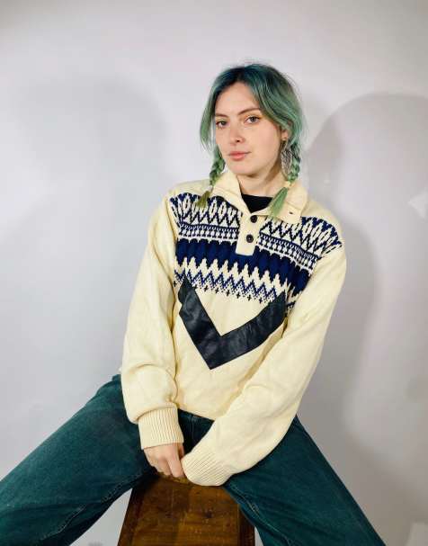 Vintage size l chunky knitted patterned jumper in multi - view 1