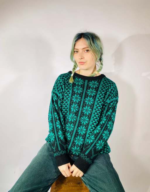 Vintage size l chunky knitted patterned jumper in multi 