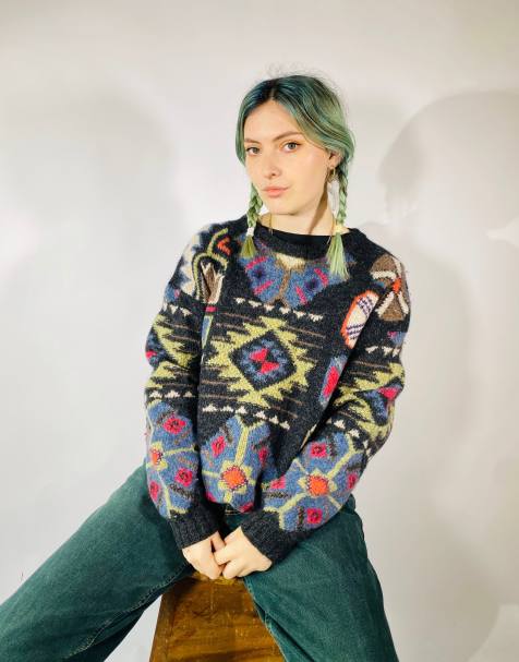 Vintage size l chunky knitted patterned jumper in multi - view 1