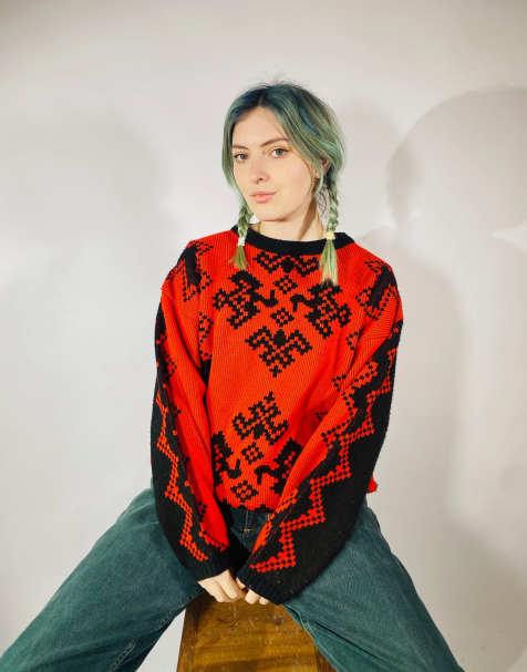 Vintage size l chunky knitted patterned jumper in multi - view 1