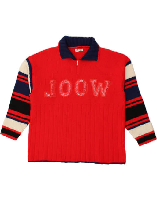 Vintage Size L Colourblock Graphic Polo Neck Jumper Sweater in Red