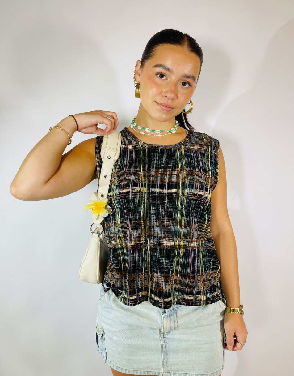Vintage Size L Crinkle Abstract Top in Multi