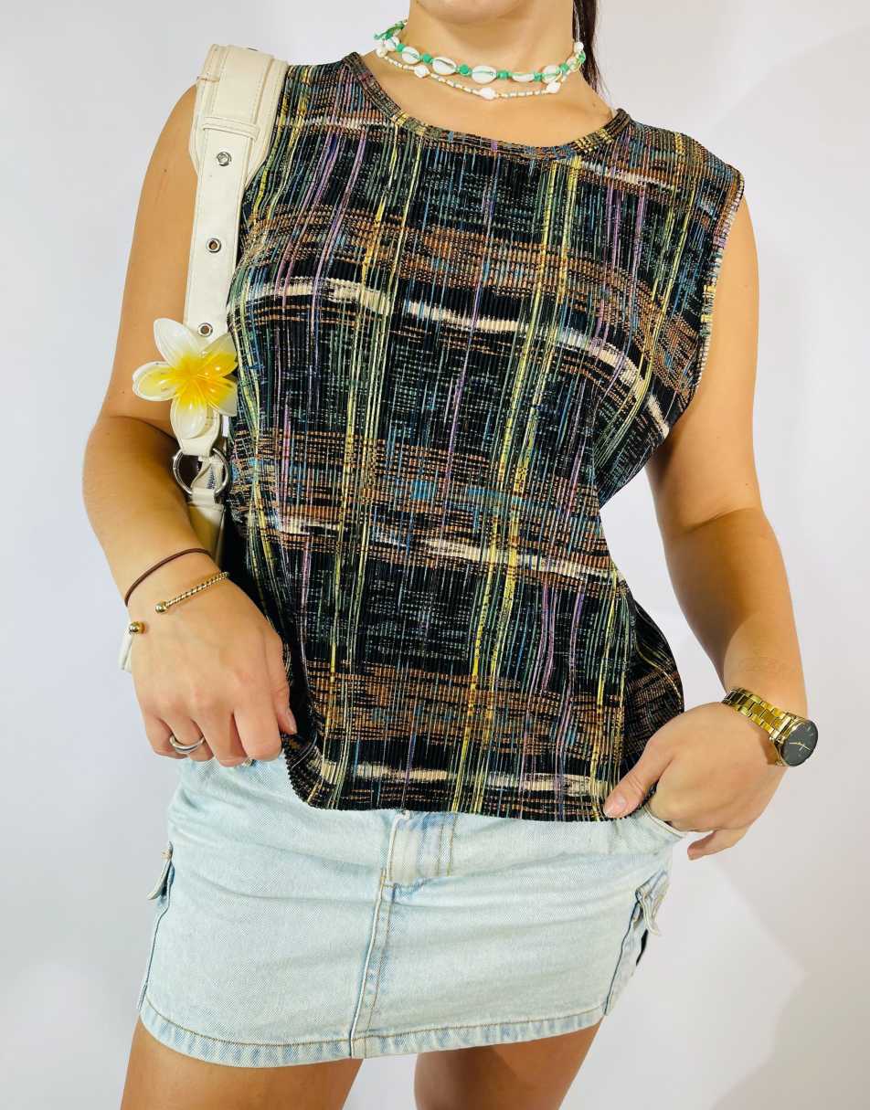 Vintage Size L Crinkle Abstract Top in Multi 1