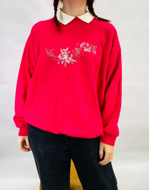 Vintage Size L Floral Embroidered Sweatshirt in Pink