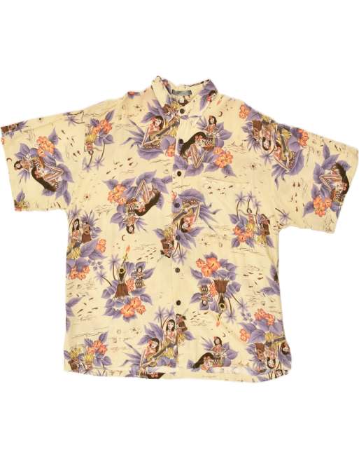 Vintage Size L Floral Hawaiian Short Sleeve Shirt in Beige