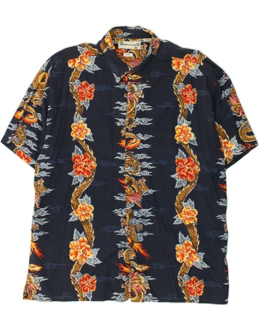 Vintage Size L Floral Hawaiian Short Sleeve Shirt in Navy Blue