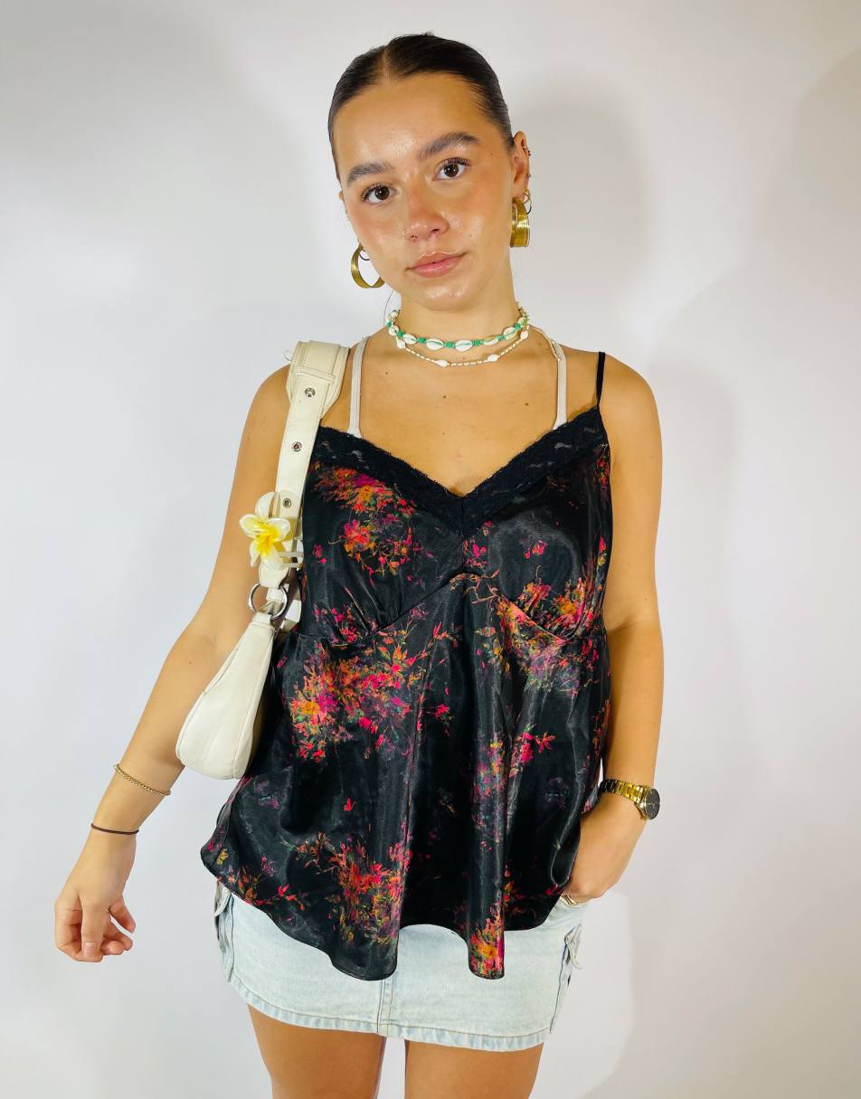 Vintage Size L Floral Satin Lace Cami Top in Multi