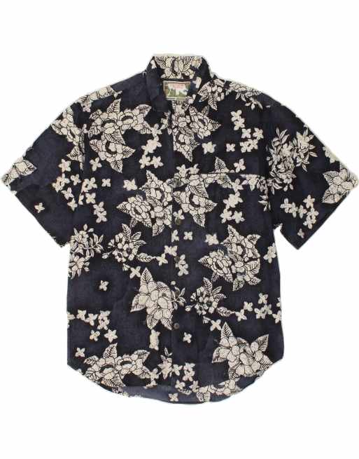 Vintage Size L Floral Short Sleeve Shirt in Navy Blue