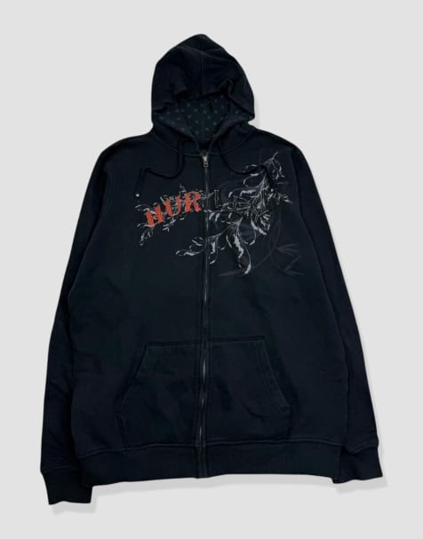 Vintage size L Hurley embroidered grunge full-zip hoodie in black - view 1