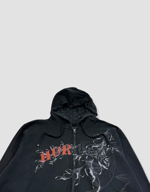 Vintage size L Hurley embroidered grunge full-zip hoodie in black, 3 of 4