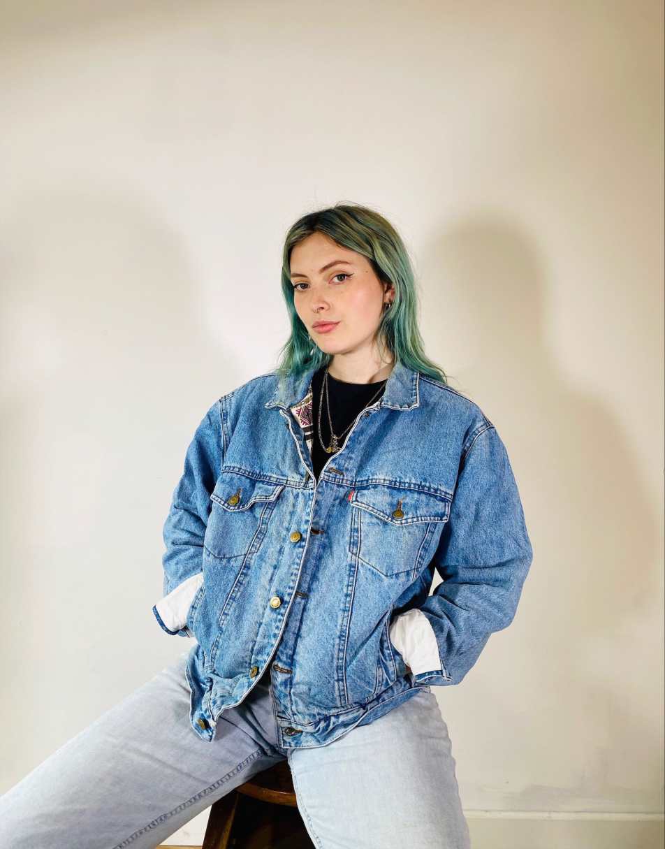 Vintage Size L Industrial Lined Oversized Denim Jacket in Blue