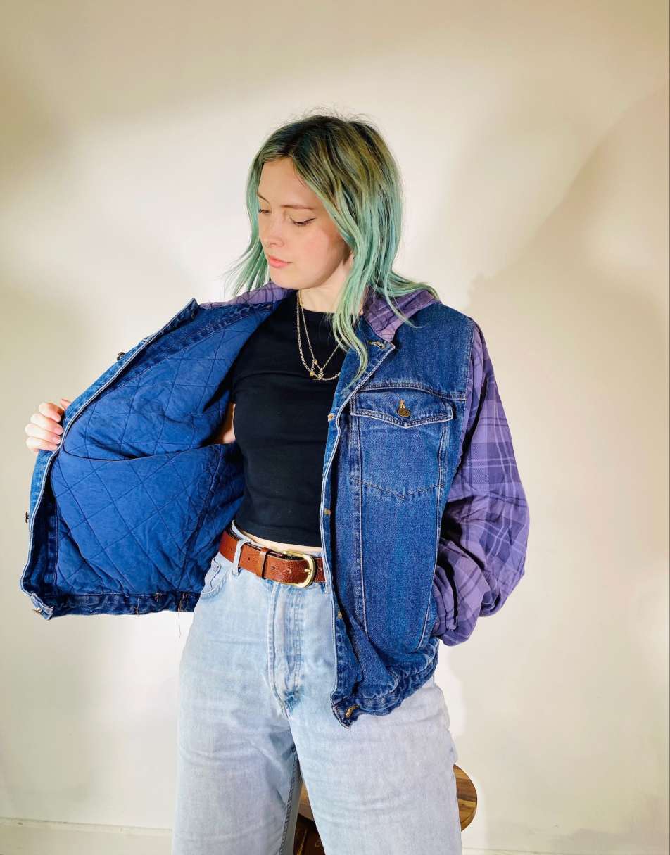 Vintage Size L Industrial Oversized Lined Denim Jacket in Blue