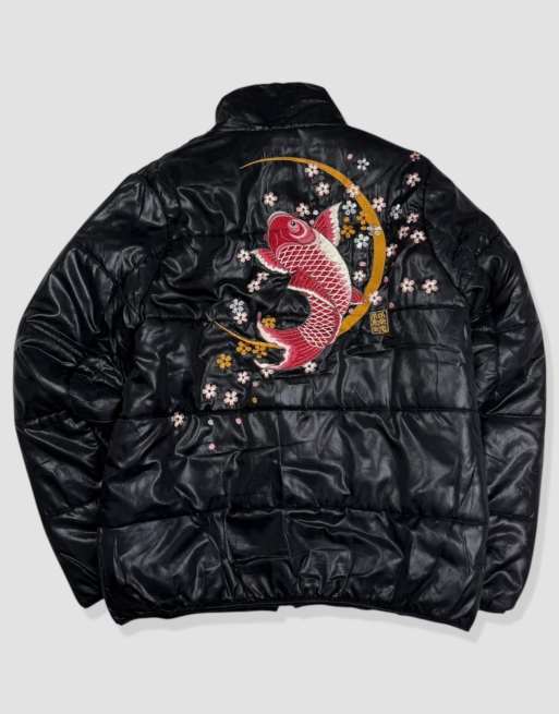Vintage size L Karakuri Tamashii Japanese embroidered koi puffer jacket in black