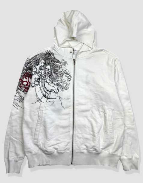 Vintage size L Karakuri Tamashii Japanese embroidered pattern full-zip hoodie in white - view 1