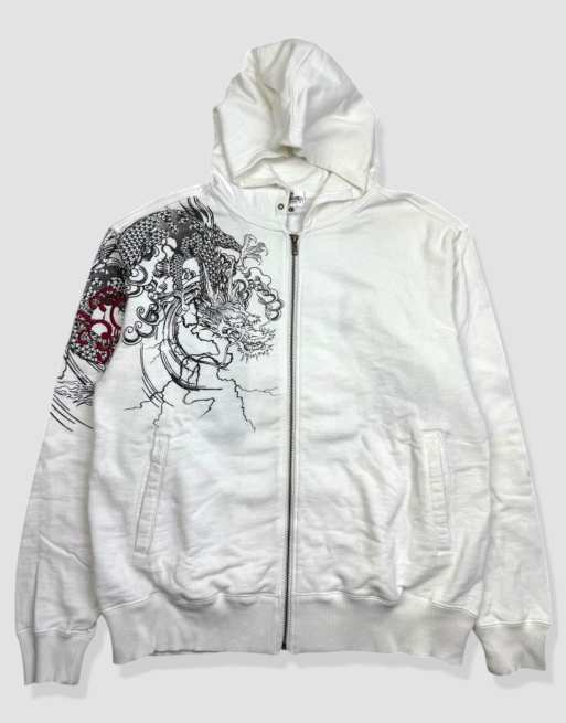 Vintage size L Karakuri Tamashii Japanese embroidered pattern full-zip hoodie in white
